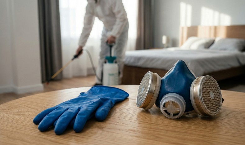 Процесс дезинсекции от постельных клопов опрыкивателем