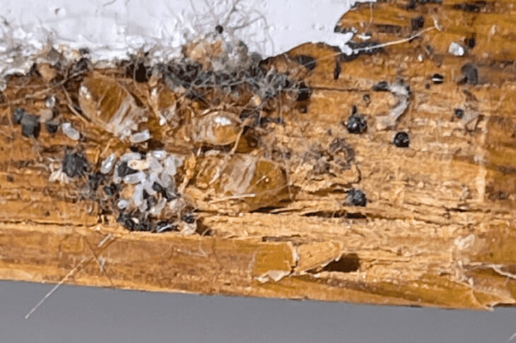 Гнездо постельных клопов в щелях деревянной конструкции.