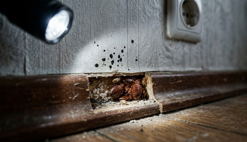 Постельные клопы и их яйца в деревянном плинтусе