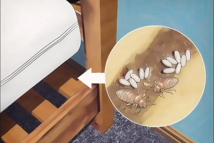 Клопы и их кладки в каркасе кровати