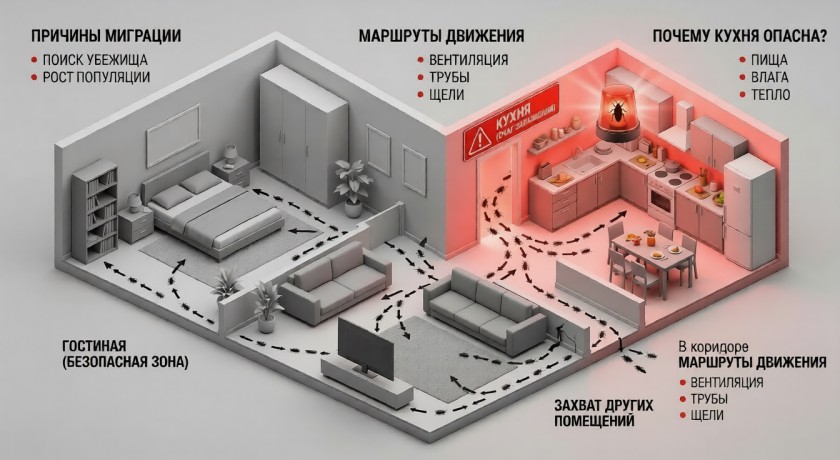 Схема перемещения насекомых по квартире