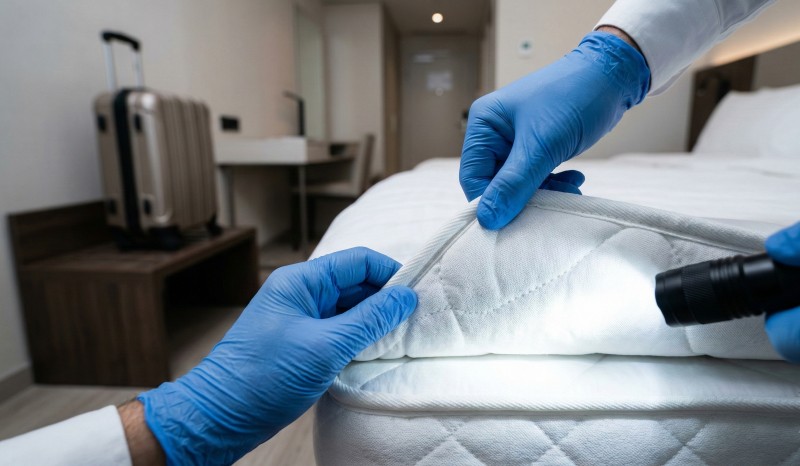 Поиск постельных клопов в матрассах кроватей гостиниц