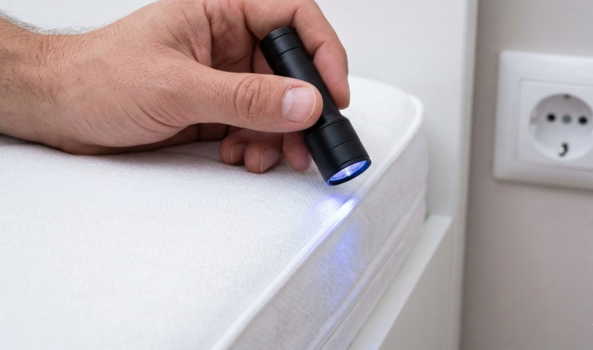 Поиск постельных клопов и их следов на матрасе с ультрафиолетовым фонариком