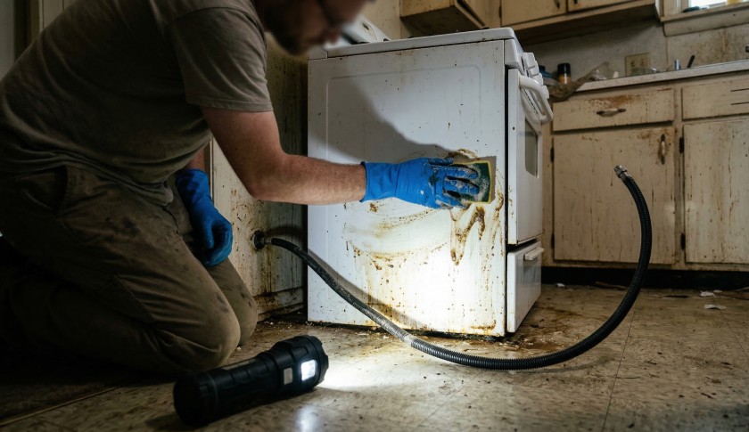 Очистка тараканних экскрементов за плитой на кухне