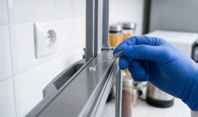 Нанесение геля от тарканов на кухне